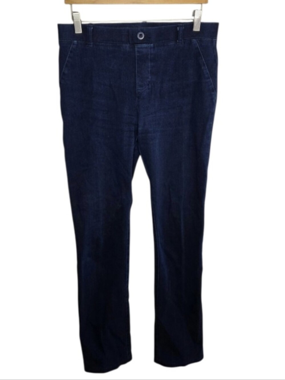 Betabrand Dark Wash Pull-On Waist Boot Cut Jeans Size Medium Long 33" Inseam